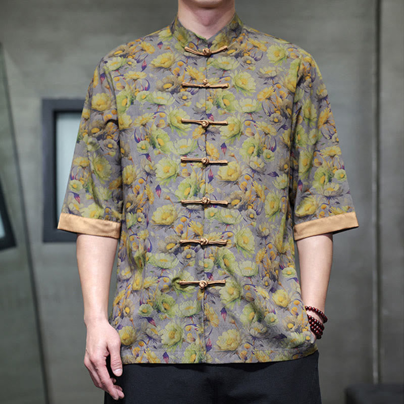 Buddha Stones 夏 カラフル 花柄 葉柄 半袖 カエルボタンデザイン メンズ コットンシャツ - image 8