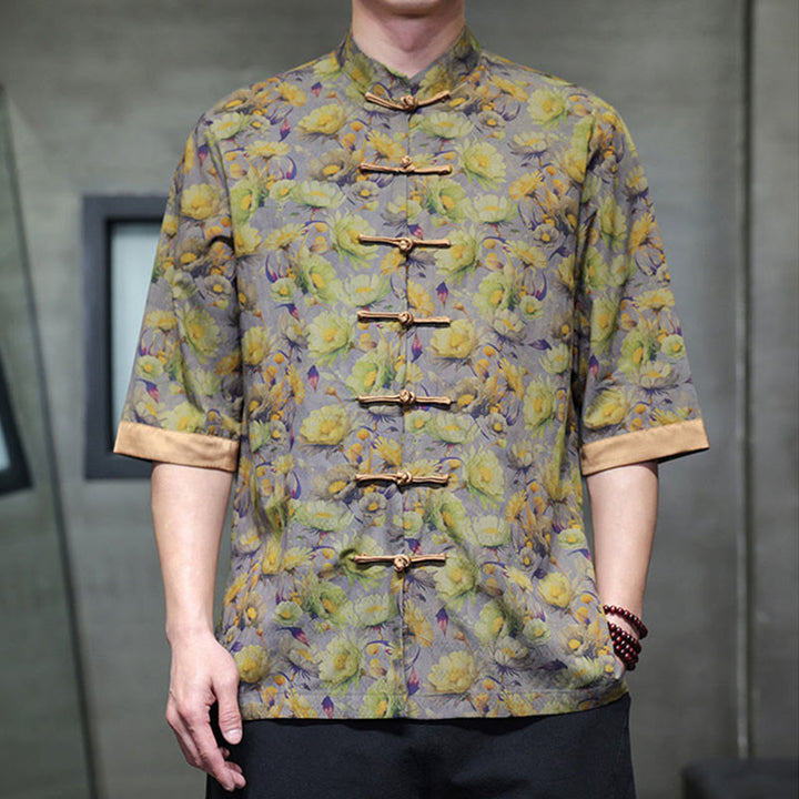 Buddha Stones 夏 カラフル 花柄 葉柄 半袖 カエルボタンデザイン メンズ コットンシャツ - image 8