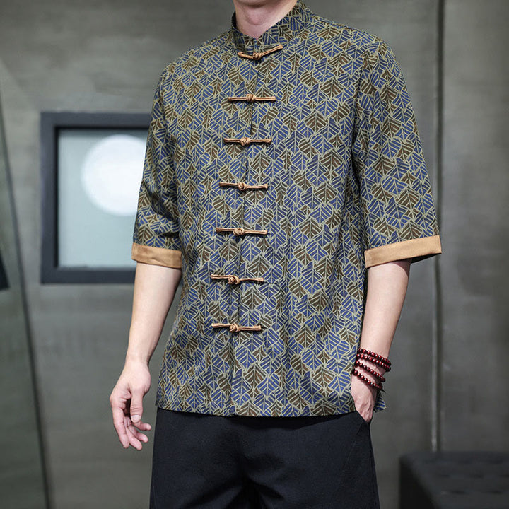 Buddha Stones 夏 カラフル 花柄 葉柄 半袖 カエルボタンデザイン メンズ コットンシャツ - ロイヤルブルー - US/UK/AU46、 EU56 (5XL) - image 18