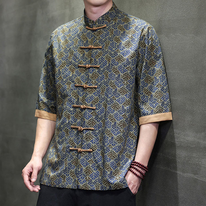 Buddha Stones 夏 カラフル 花柄 葉柄 半袖 カエルボタンデザイン メンズ コットンシャツ - image 23