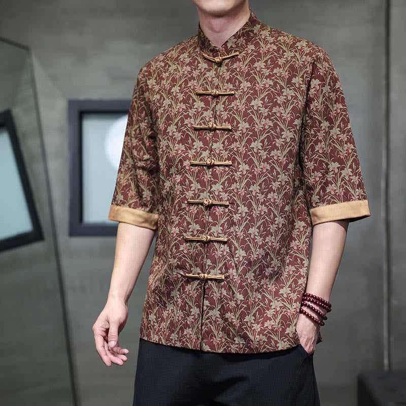 Buddha Stones 夏 カラフル 花柄 葉柄 半袖 カエルボタンデザイン メンズ コットンシャツ - ダークレッド - US/UK/AU46、 EU56 (5XL) - image 0