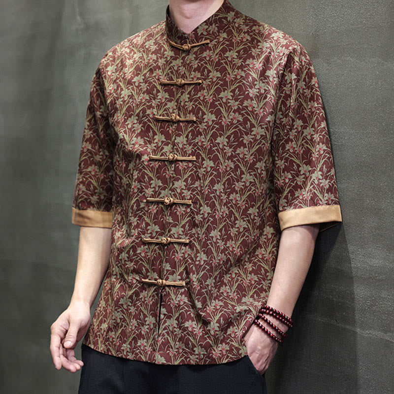 Buddha Stones 夏 カラフル 花柄 葉柄 半袖 カエルボタンデザイン メンズ コットンシャツ - image 5