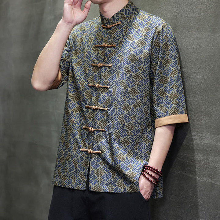 Buddha Stones 夏 カラフル 花柄 葉柄 半袖 カエルボタンデザイン メンズ コットンシャツ - image 24