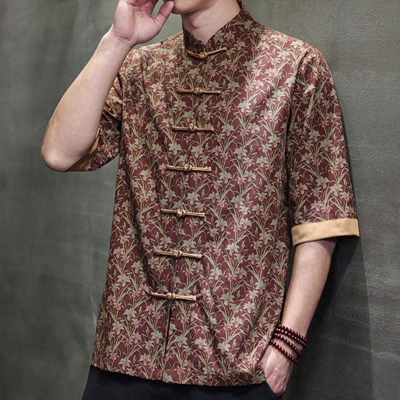 Buddha Stones 夏 カラフル 花柄 葉柄 半袖 カエルボタンデザイン メンズ コットンシャツ - image 6