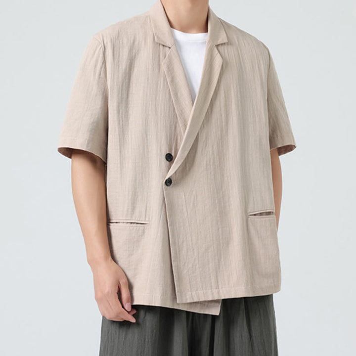 Buddha Stones 春の無地アシンメトリーラペルカラー半袖メンズコットンリネンシャツポケット付き - image 22