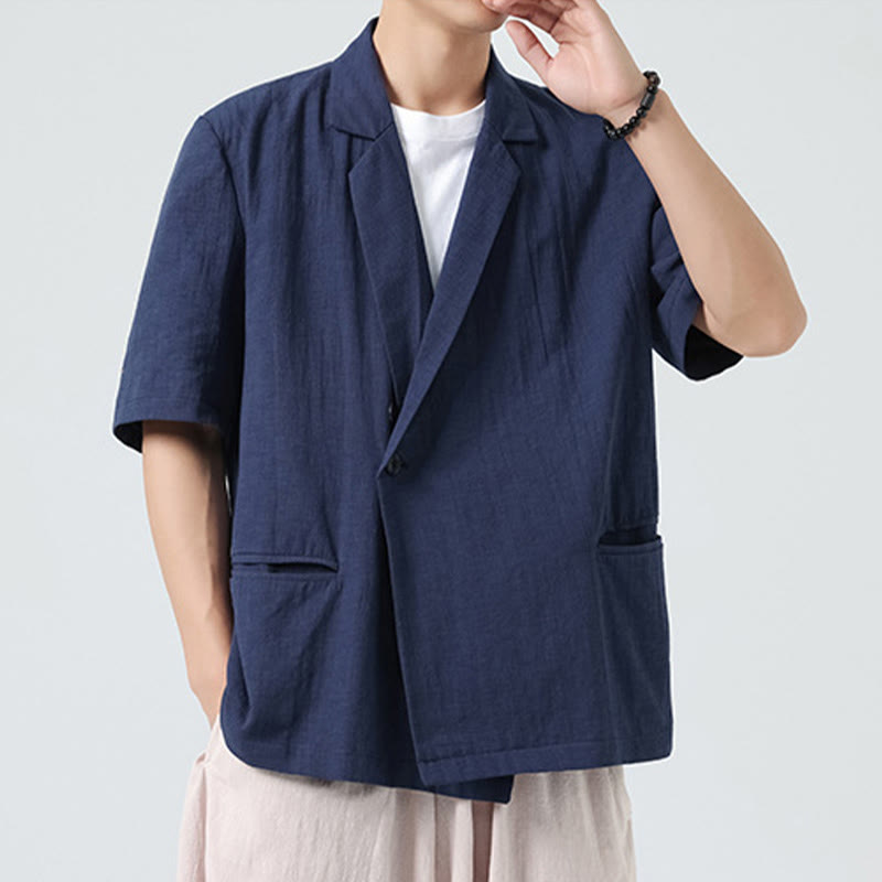 Buddha Stones 春の無地アシンメトリーラペルカラー半袖メンズコットンリネンシャツポケット付き - image 3