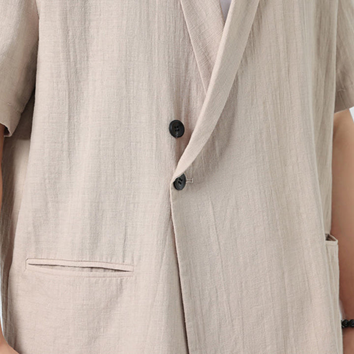 Buddha Stones 春の無地アシンメトリーラペルカラー半袖メンズコットンリネンシャツポケット付き - image 28