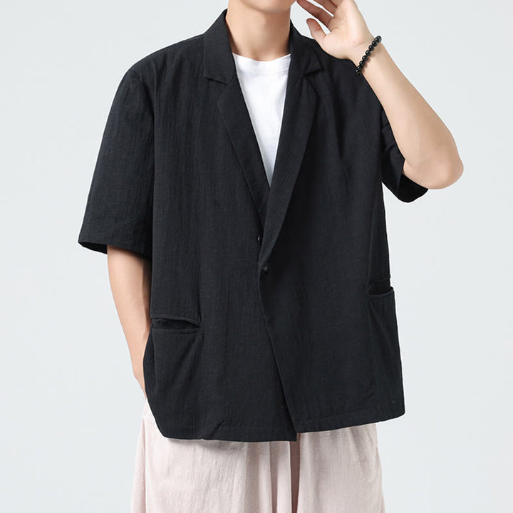 Buddha Stones 春の無地アシンメトリーラペルカラー半袖メンズコットンリネンシャツポケット付き - 黒 - US/UK/AU46、 EU56 (5XL) - image 8