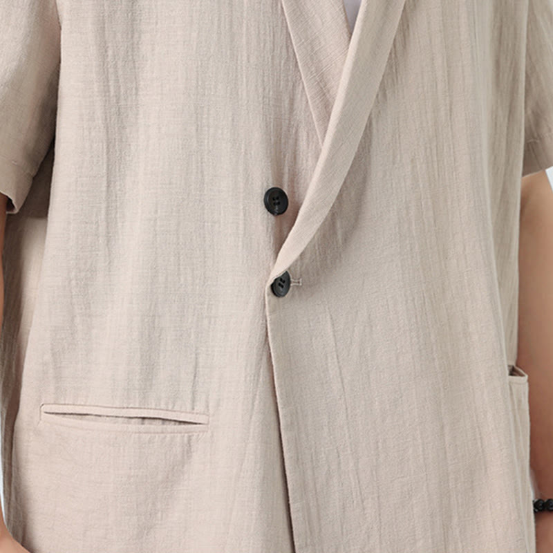 Buddha Stones 春の無地アシンメトリーラペルカラー半袖メンズコットンリネンシャツポケット付き - image 28