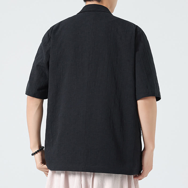 Buddha Stones 春の無地アシンメトリーラペルカラー半袖メンズコットンリネンシャツポケット付き - image 14