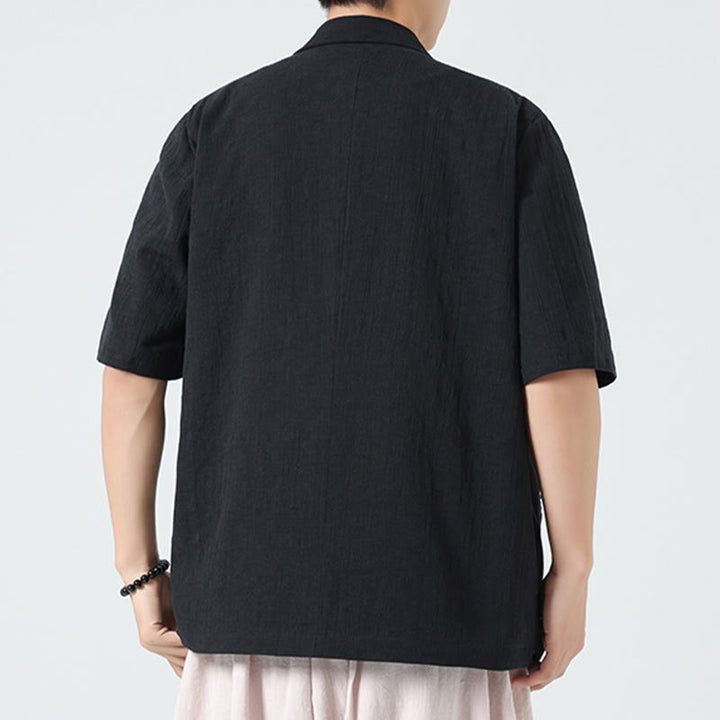 Buddha Stones 春の無地アシンメトリーラペルカラー半袖メンズコットンリネンシャツポケット付き - image 14