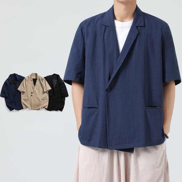 Buddha Stones 春の無地アシンメトリーラペルカラー半袖メンズコットンリネンシャツポケット付き - image 7