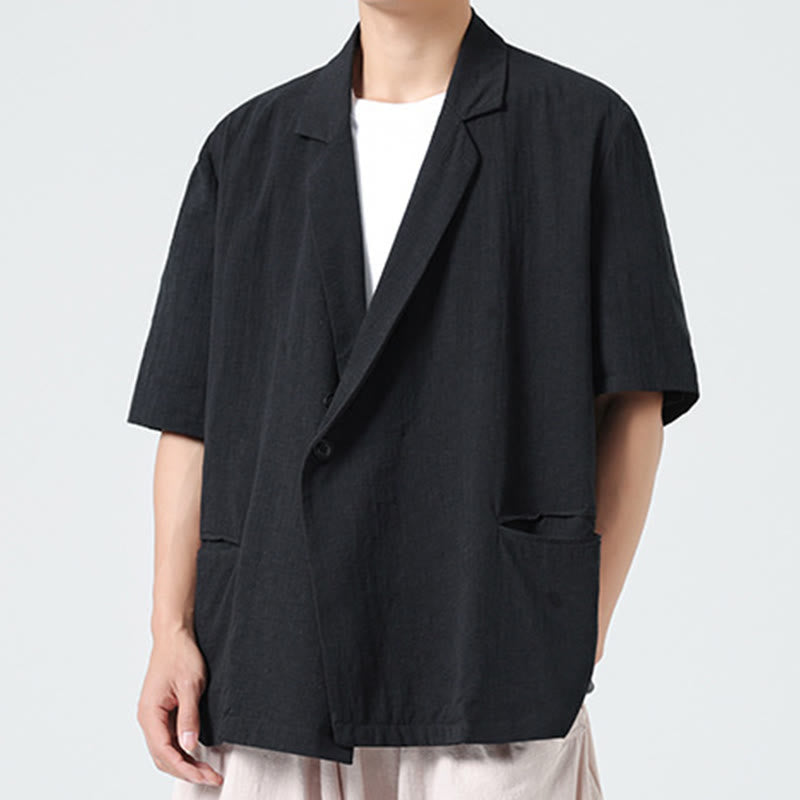 Buddha Stones 春の無地アシンメトリーラペルカラー半袖メンズコットンリネンシャツポケット付き - image 15