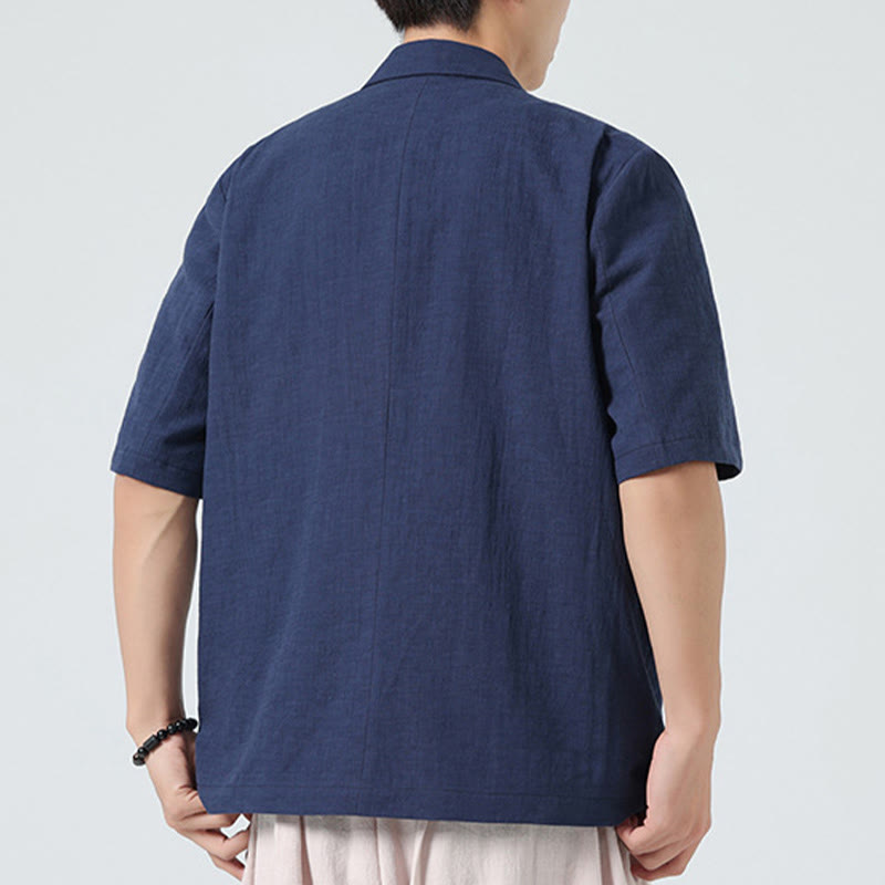 Buddha Stones 春の無地アシンメトリーラペルカラー半袖メンズコットンリネンシャツポケット付き - image 6