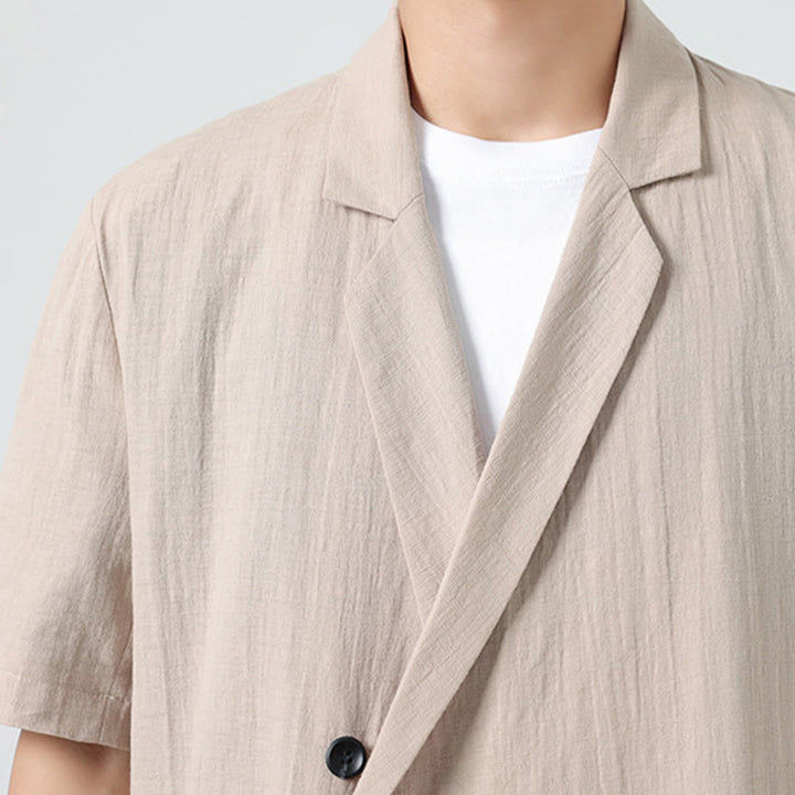 Buddha Stones 春の無地アシンメトリーラペルカラー半袖メンズコットンリネンシャツポケット付き - image 26