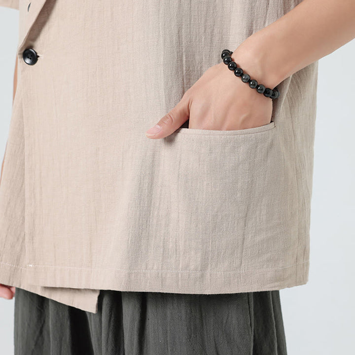 Buddha Stones 春の無地アシンメトリーラペルカラー半袖メンズコットンリネンシャツポケット付き - image 29