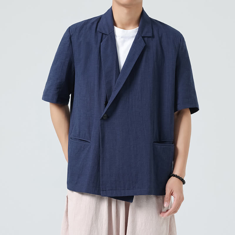 Buddha Stones 春の無地アシンメトリーラペルカラー半袖メンズコットンリネンシャツポケット付き - ダークブルー - US/UK/AU46、 EU56 (5XL) - image 1