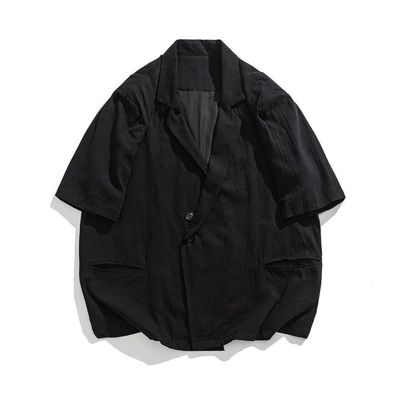 Buddha Stones 春の無地アシンメトリーラペルカラー半袖メンズコットンリネンシャツポケット付き - image 17