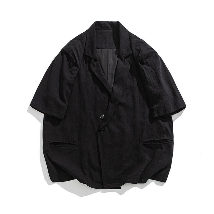 Buddha Stones 春の無地アシンメトリーラペルカラー半袖メンズコットンリネンシャツポケット付き - image 17