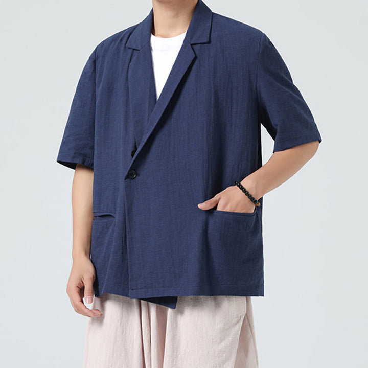 Buddha Stones 春の無地アシンメトリーラペルカラー半袖メンズコットンリネンシャツポケット付き - image 5