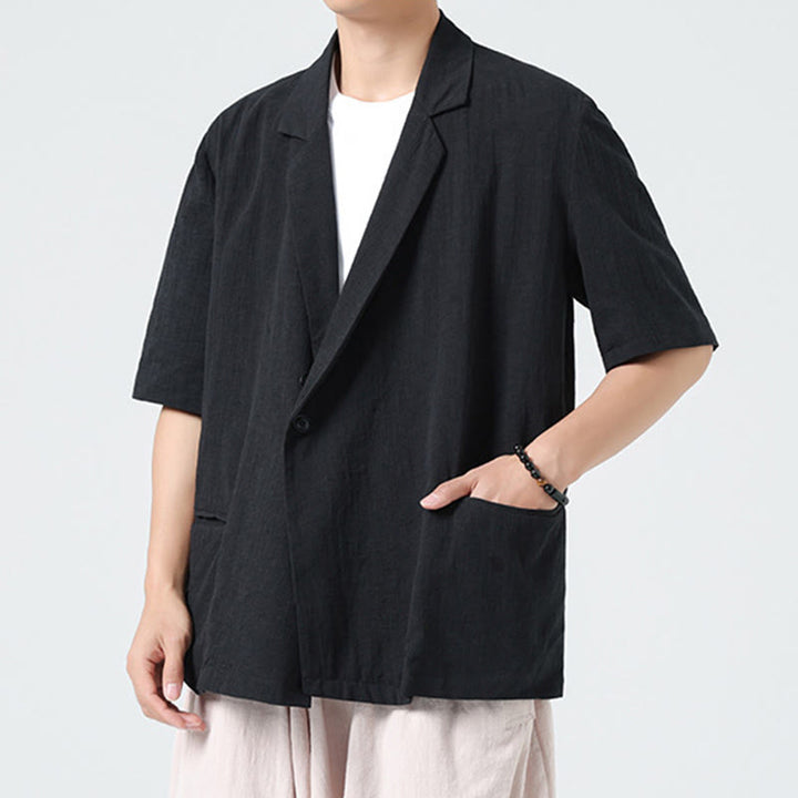 Buddha Stones 春の無地アシンメトリーラペルカラー半袖メンズコットンリネンシャツポケット付き - image 12