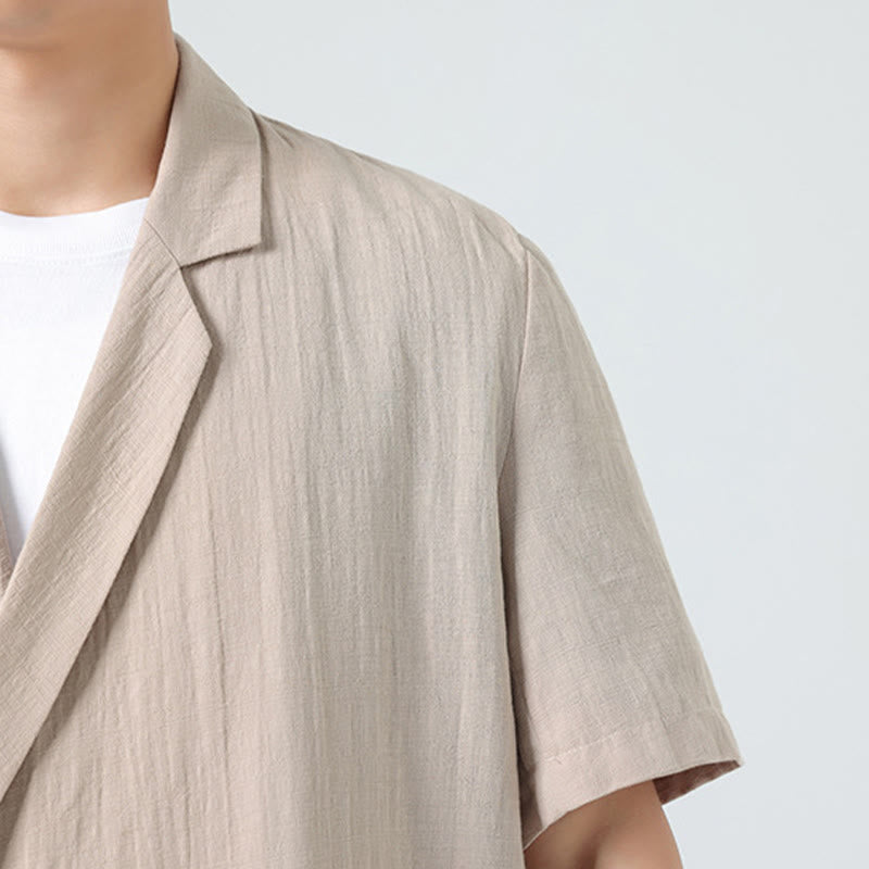 Buddha Stones 春の無地アシンメトリーラペルカラー半袖メンズコットンリネンシャツポケット付き - image 27