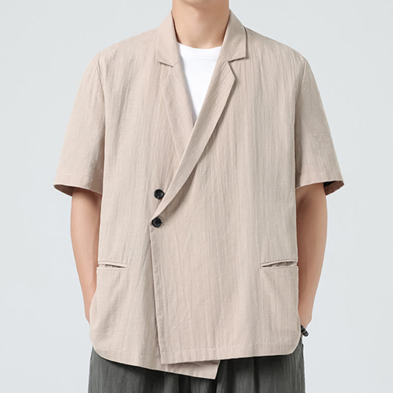 Buddha Stones 春の無地アシンメトリーラペルカラー半袖メンズコットンリネンシャツポケット付き - image 21