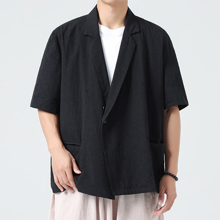 Buddha Stones 春の無地アシンメトリーラペルカラー半袖メンズコットンリネンシャツポケット付き - image 13