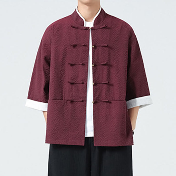 Buddha Stones 春の無地七分袖タンスーツメンズボタンシャツ（ポケット付き） - image 17