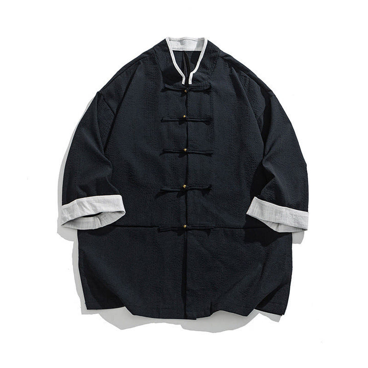 Buddha Stones 春の無地七分袖タンスーツメンズボタンシャツ（ポケット付き） - ミッドナイトブルー - US/UK/AU46、 EU56 (5XL) - image 1