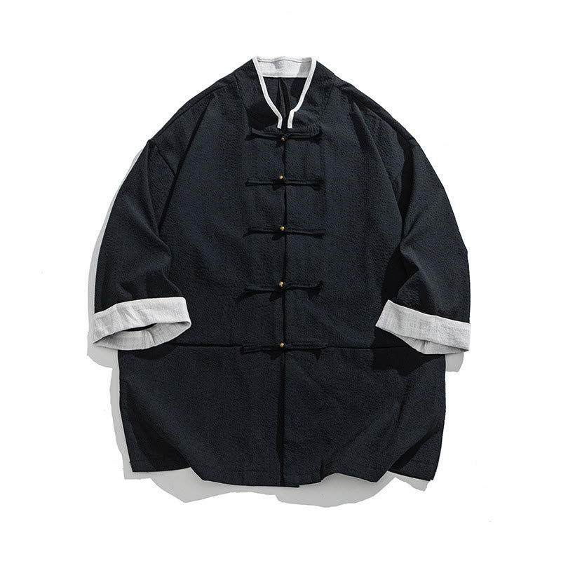 Buddha Stones 春の無地七分袖タンスーツメンズボタンシャツ（ポケット付き） - ミッドナイトブルー - US/UK/AU46、 EU56 (5XL) - image 1