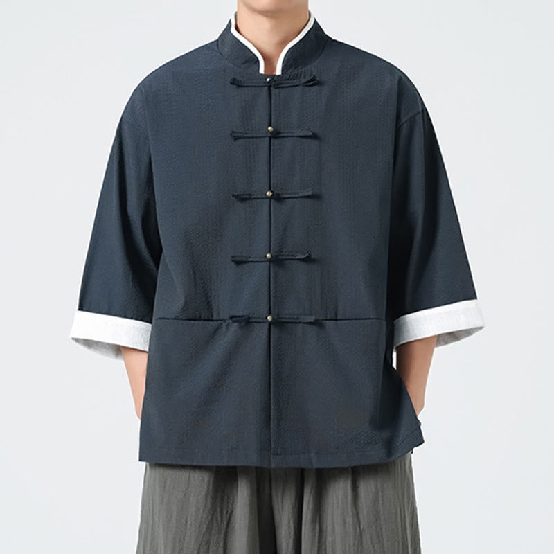 Buddha Stones 春の無地七分袖タンスーツメンズボタンシャツ（ポケット付き） - image 4