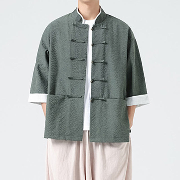 Buddha Stones 春の無地七分袖タンスーツメンズボタンシャツ（ポケット付き） - image 27