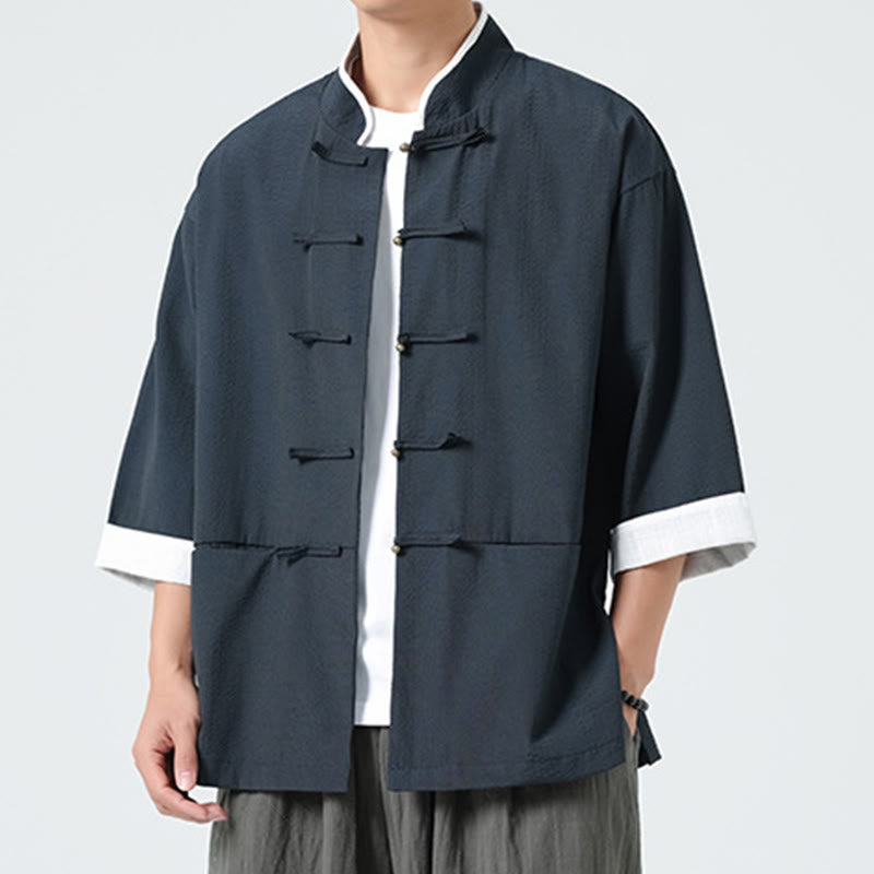 Buddha Stones 春の無地七分袖タンスーツメンズボタンシャツ（ポケット付き） - image 5