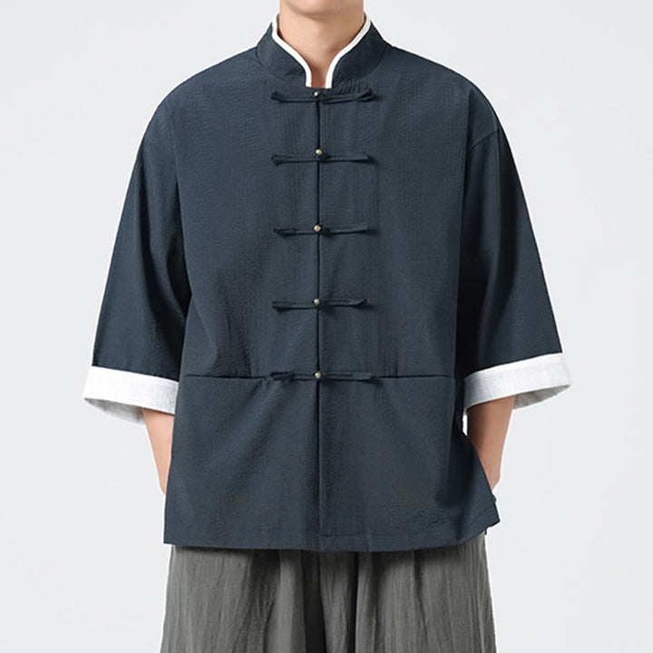 Buddha Stones 春の無地七分袖タンスーツメンズボタンシャツ（ポケット付き） - image 4