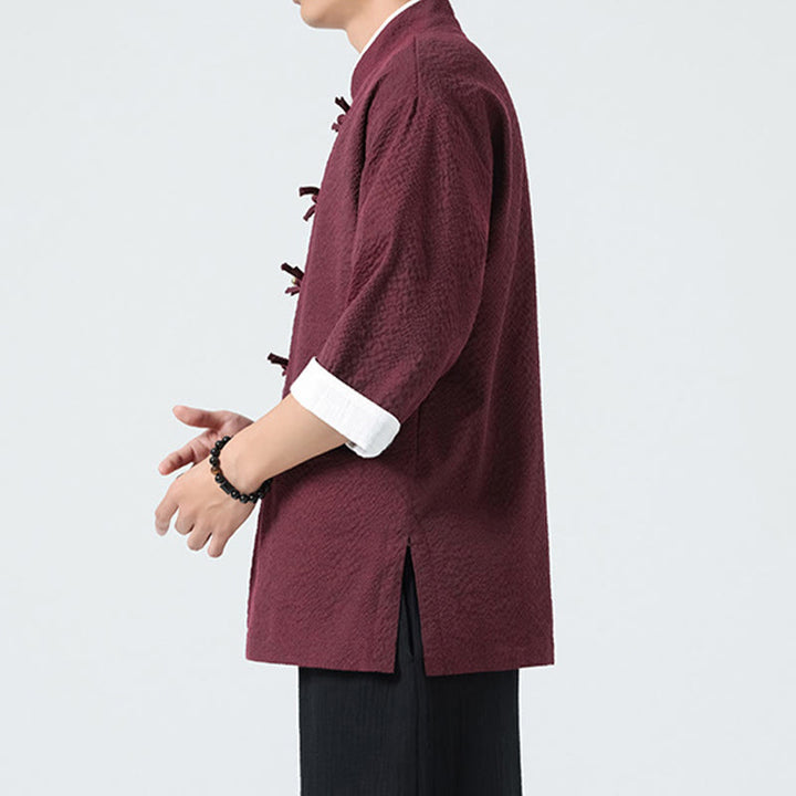 Buddha Stones 春の無地七分袖タンスーツメンズボタンシャツ（ポケット付き） - image 14