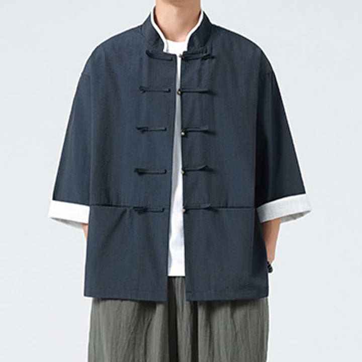 Buddha Stones 春の無地七分袖タンスーツメンズボタンシャツ（ポケット付き） - image 6