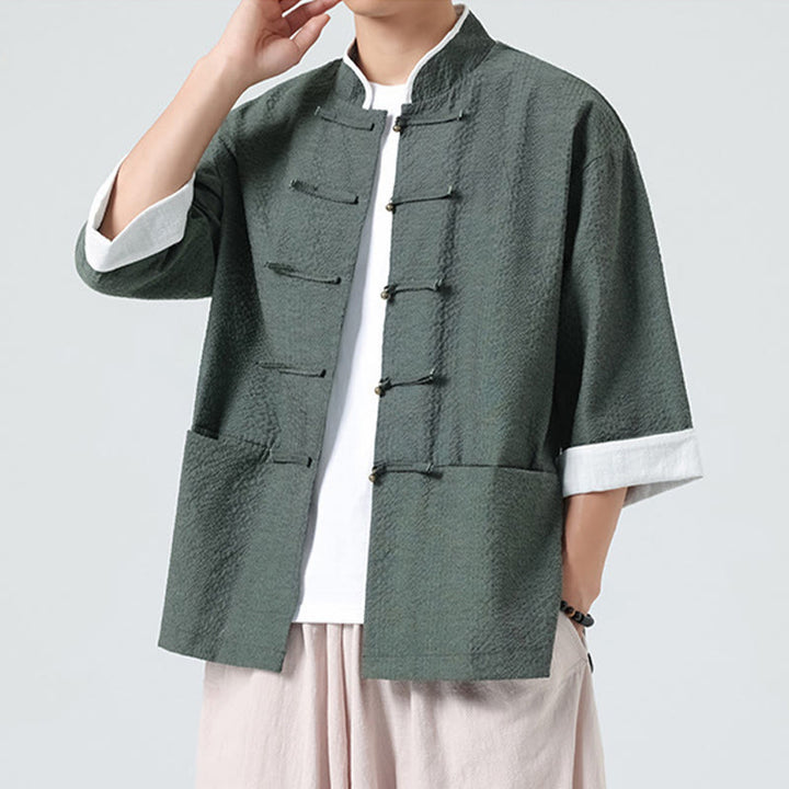 Buddha Stones 春の無地七分袖タンスーツメンズボタンシャツ（ポケット付き） - image 30