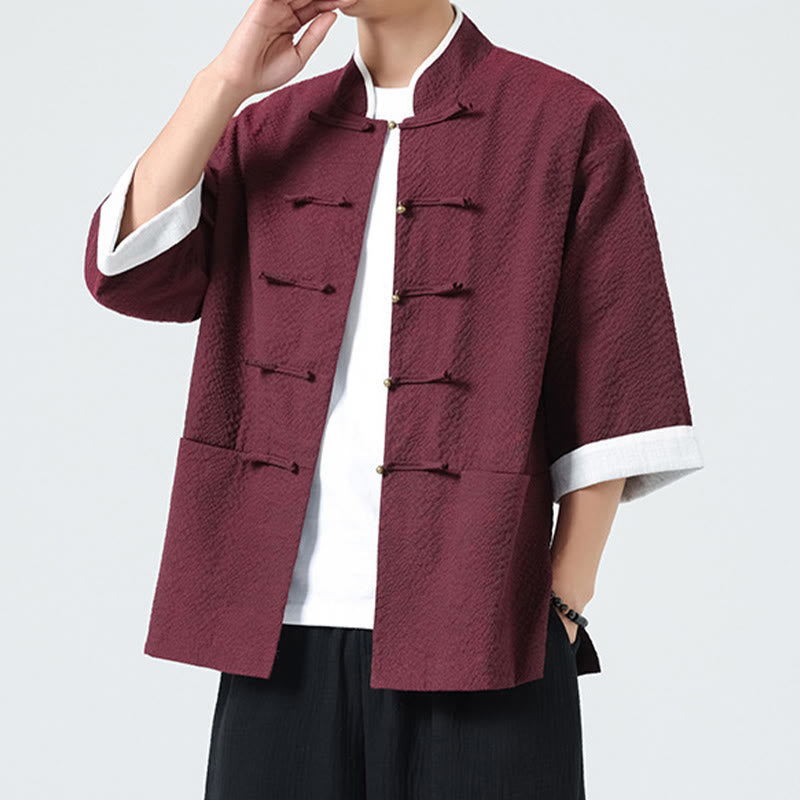 Buddha Stones 春の無地七分袖タンスーツメンズボタンシャツ（ポケット付き） - image 20