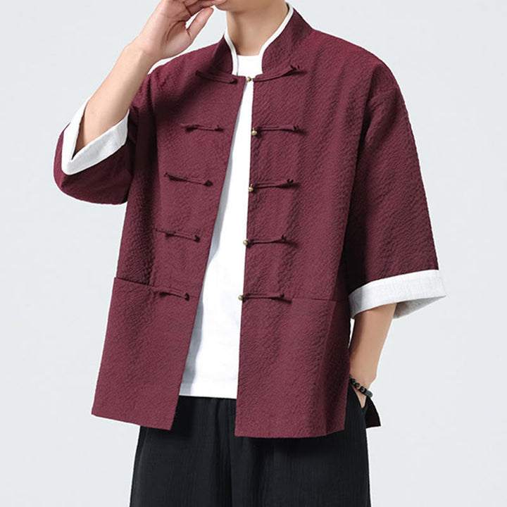 Buddha Stones 春の無地七分袖タンスーツメンズボタンシャツ（ポケット付き） - image 20