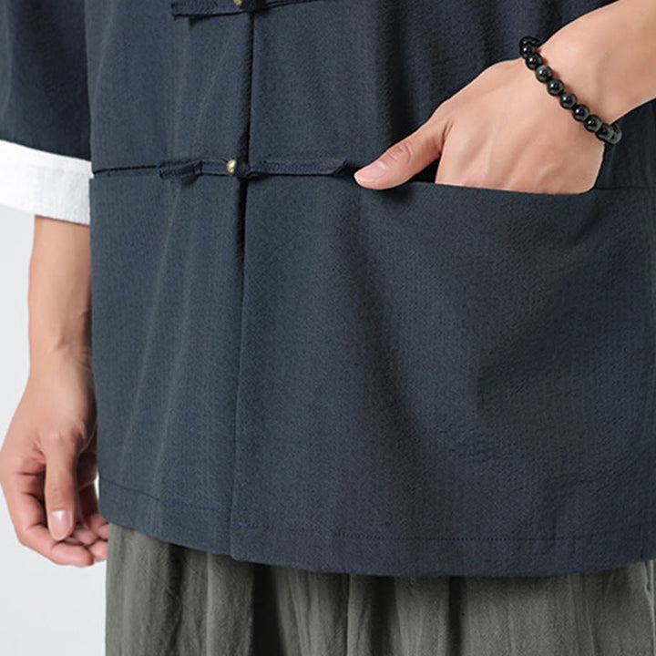 Buddha Stones 春の無地七分袖タンスーツメンズボタンシャツ（ポケット付き） - image 10