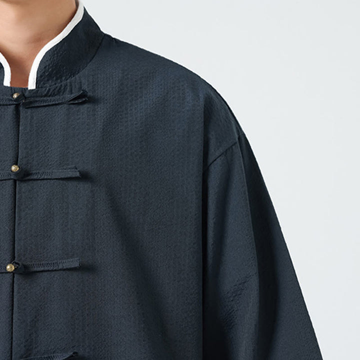 Buddha Stones 春の無地七分袖タンスーツメンズボタンシャツ（ポケット付き） - image 11