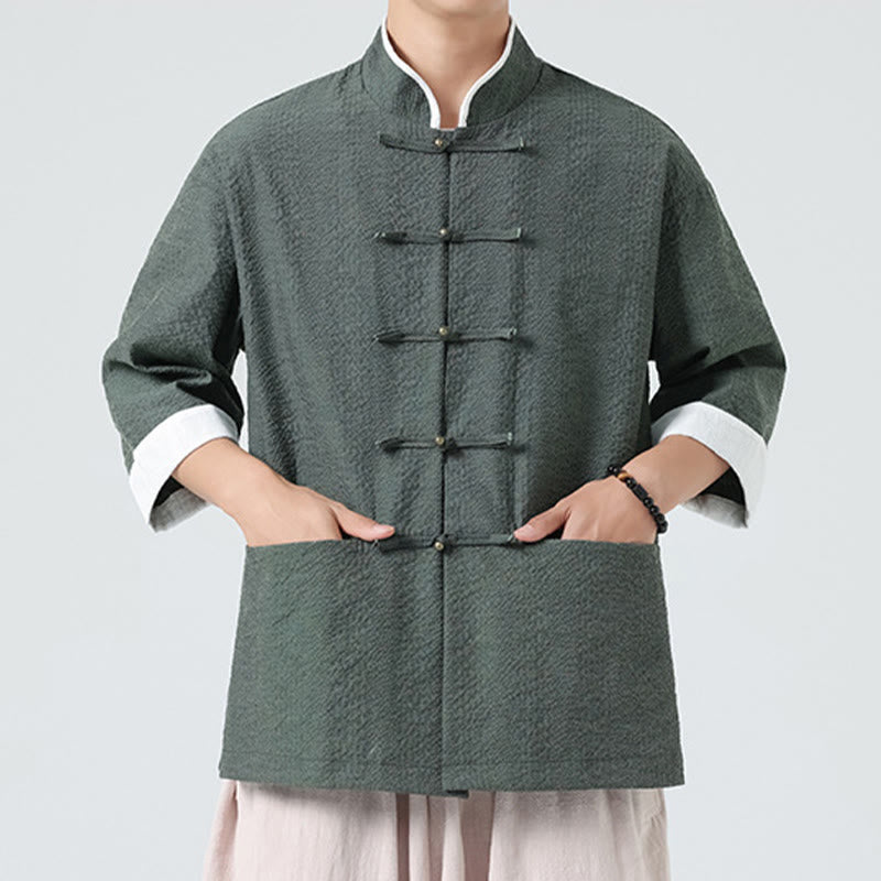 Buddha Stones 春の無地七分袖タンスーツメンズボタンシャツ（ポケット付き） - image 23