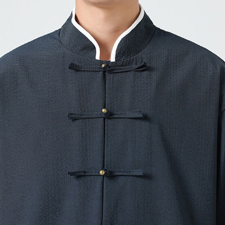 Buddha Stones 春の無地七分袖タンスーツメンズボタンシャツ（ポケット付き） - image 9