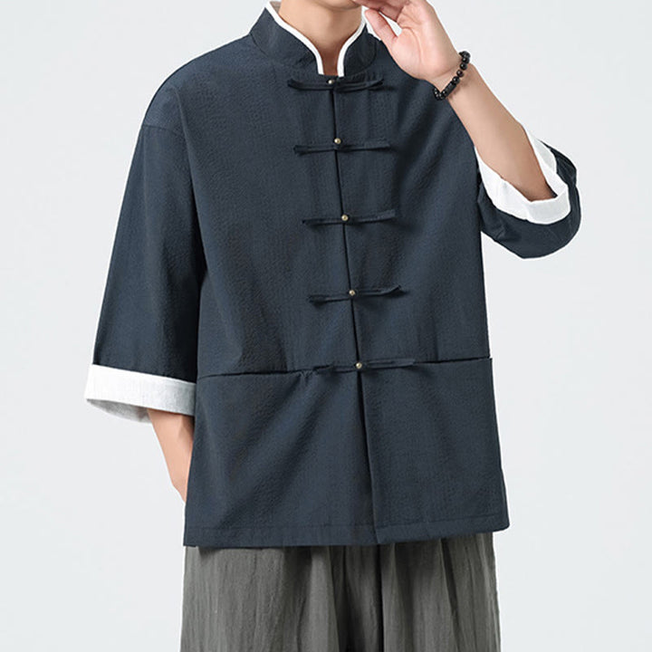 Buddha Stones 春の無地七分袖タンスーツメンズボタンシャツ（ポケット付き） - image 0