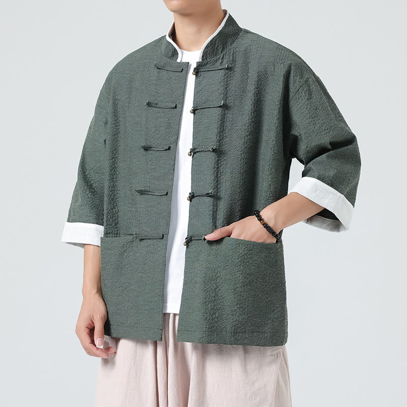 Buddha Stones 春の無地七分袖タンスーツメンズボタンシャツ（ポケット付き） - image 29
