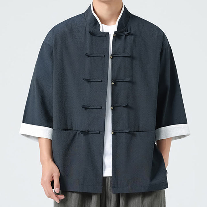 Buddha Stones 春の無地七分袖タンスーツメンズボタンシャツ（ポケット付き） - image 7