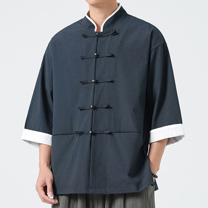 Buddha Stones 春の無地七分袖タンスーツメンズボタンシャツ（ポケット付き） - image 3