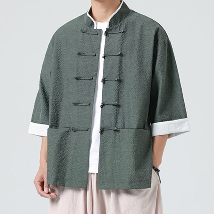 Buddha Stones 春の無地七分袖タンスーツメンズボタンシャツ（ポケット付き） - image 28