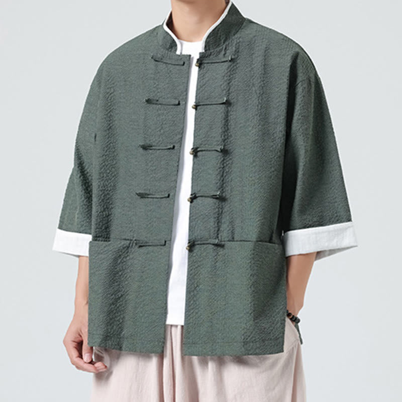 Buddha Stones 春の無地七分袖タンスーツメンズボタンシャツ（ポケット付き） - image 28